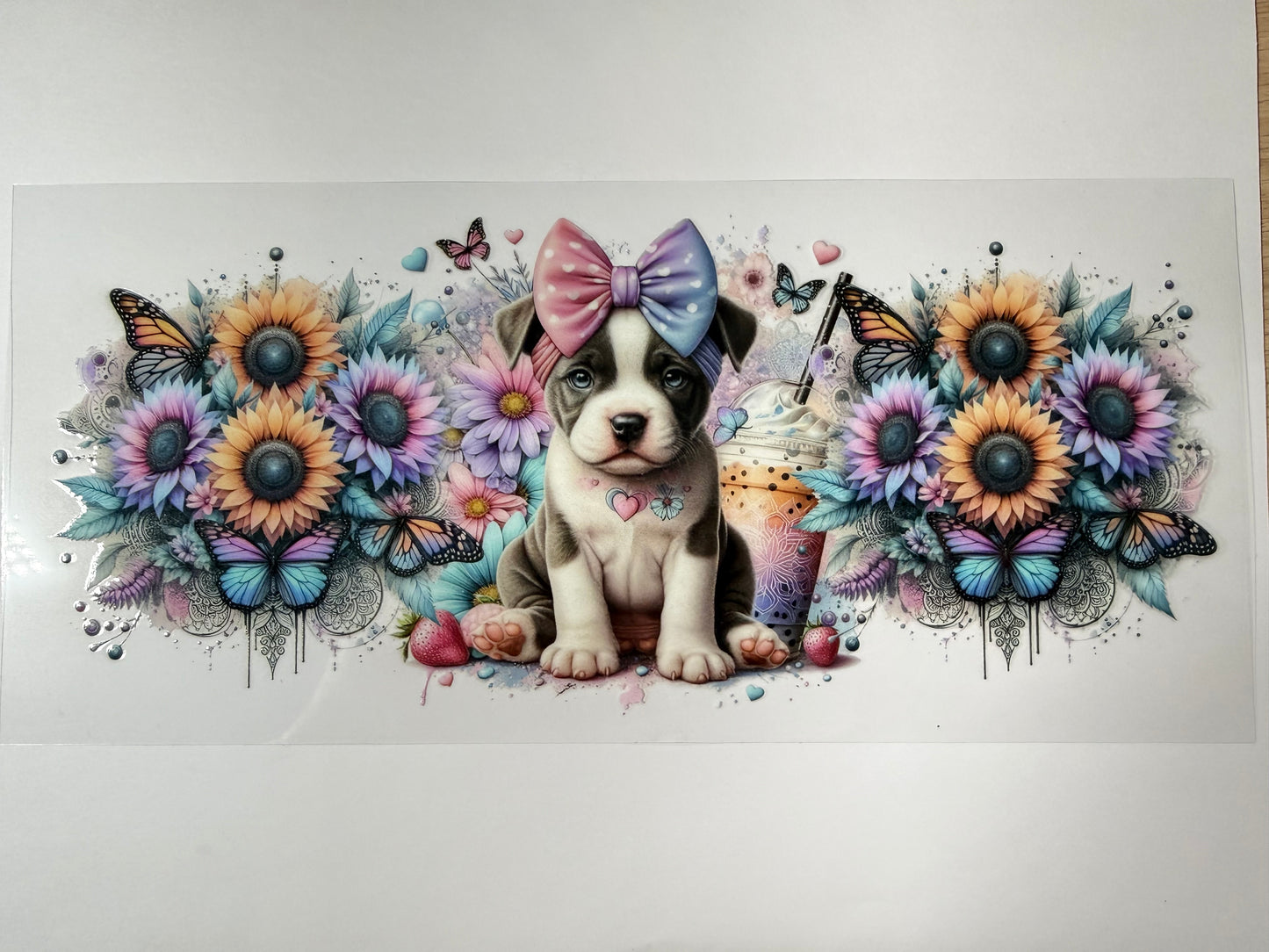 Bulldog puppy in flowers wrap