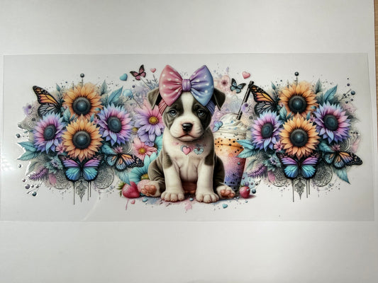 Bulldog puppy in flowers wrap
