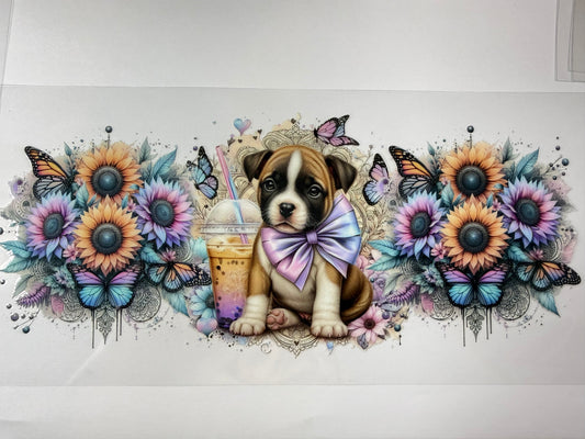 Boxer puppy in flowers wrap